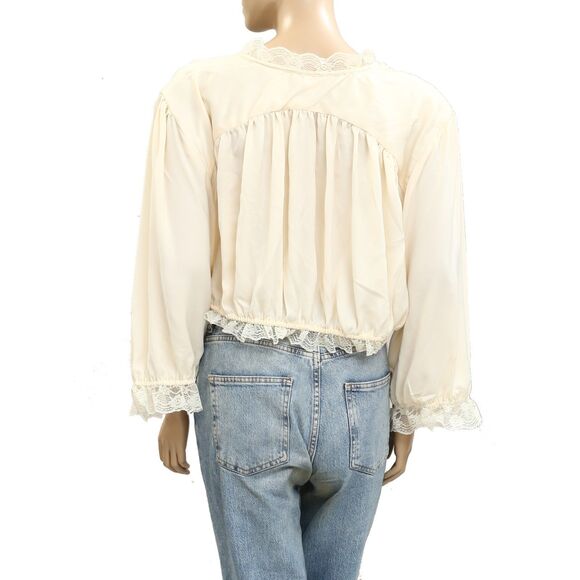 Anthropologie LyreBird Satin Buttondown Blouse Top Floral Lace Coverup L 281500 - Picture 7 of 9